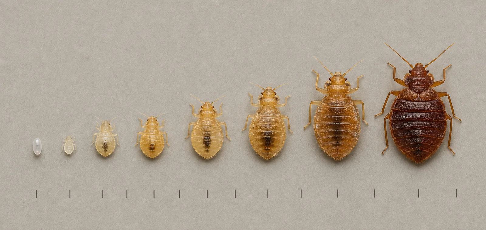 Bed bug life stages arranged from egg through nymphs to adult