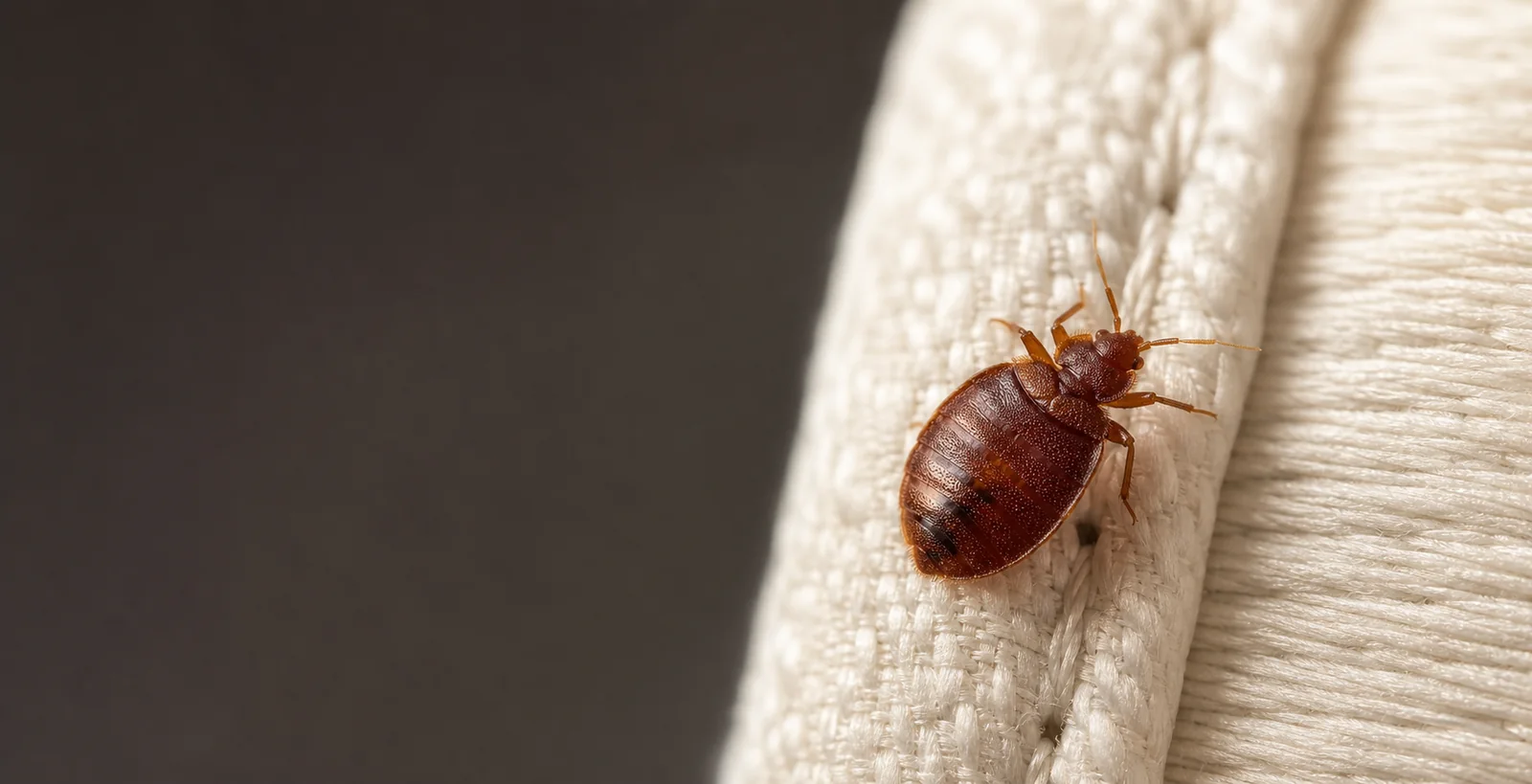 Adult bed bug beside a mattress seam showing accurate scale