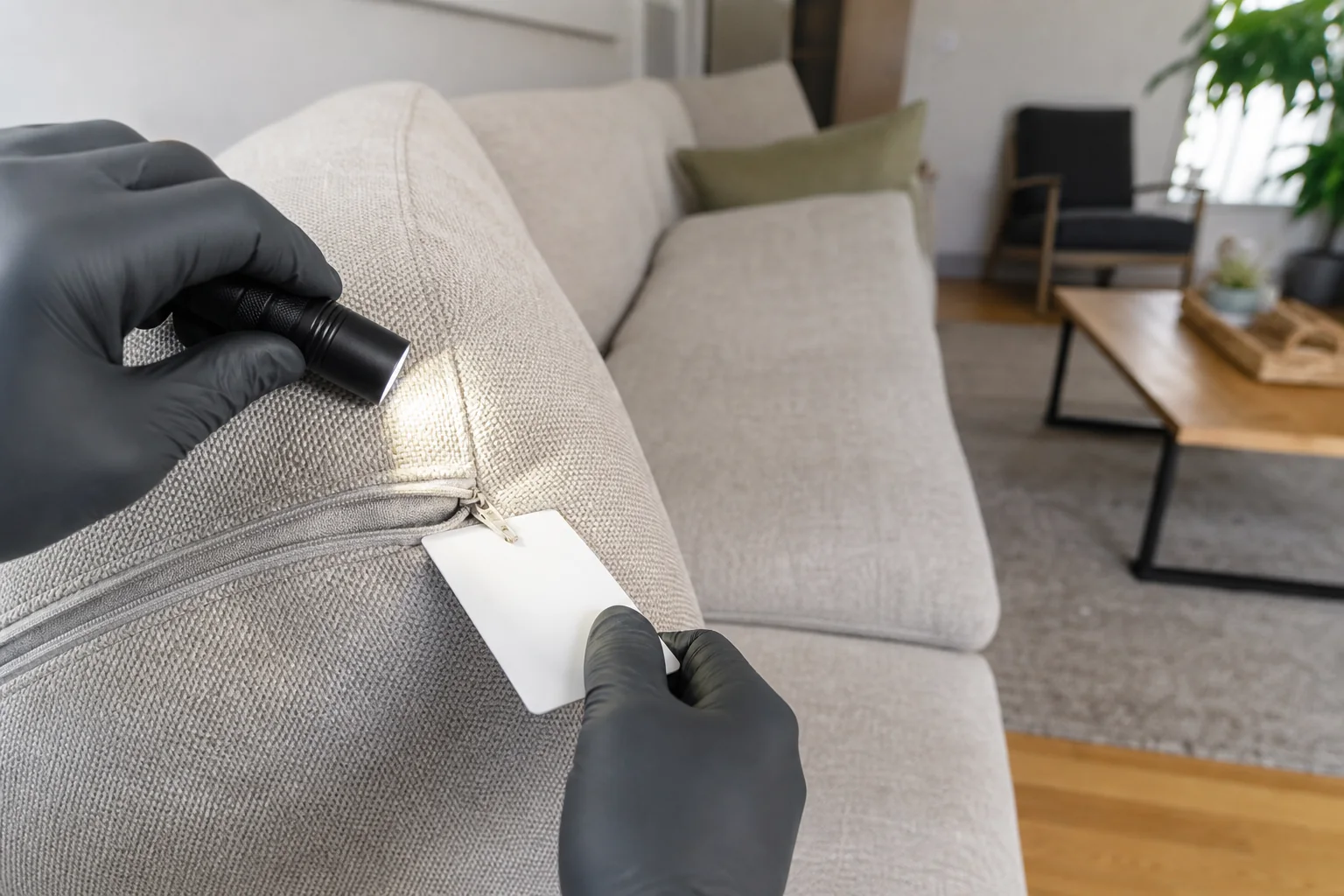 Flashlight inspection of a couch seam for bed bug evidence