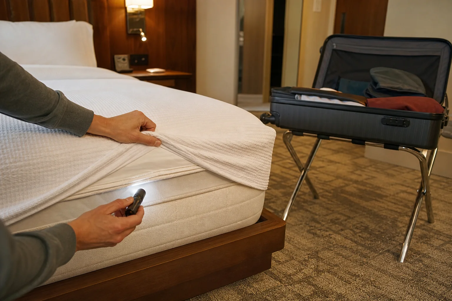 Traveler inspecting a hotel mattress while luggage stays elevated on a rack