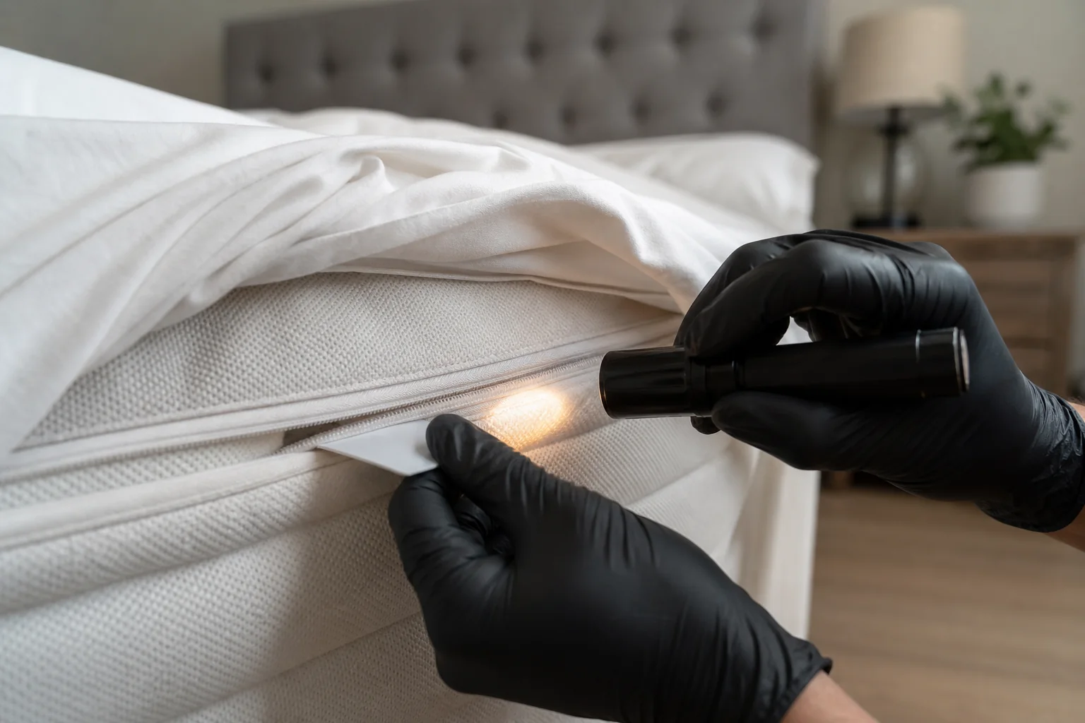 Methodical inspection of the seam around a white mattress